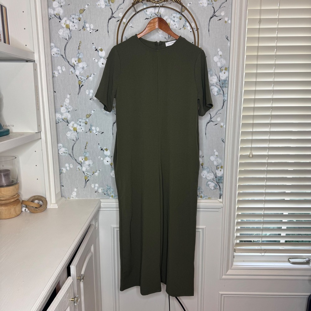 Ces Femme Olive Green Short Sleeve Wide Leg Jumpsuit Crew Neck Pockets Womens